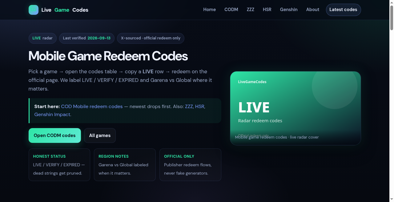 LiveGameCodesMobileGameRedeemCodesRadar
