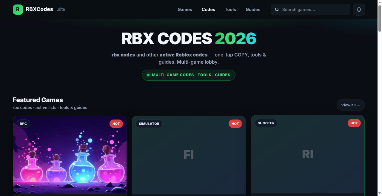 RBX Codes 2026 — Active Roblox Codes Hub · RBXCodes